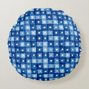Blue Squares, Watercolor Seamless Mosaic. Round Cushion