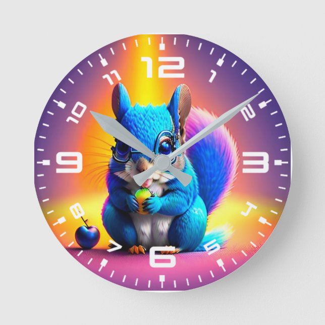 Blue Squirrel Eating A Fruit  Round Clock (Front)