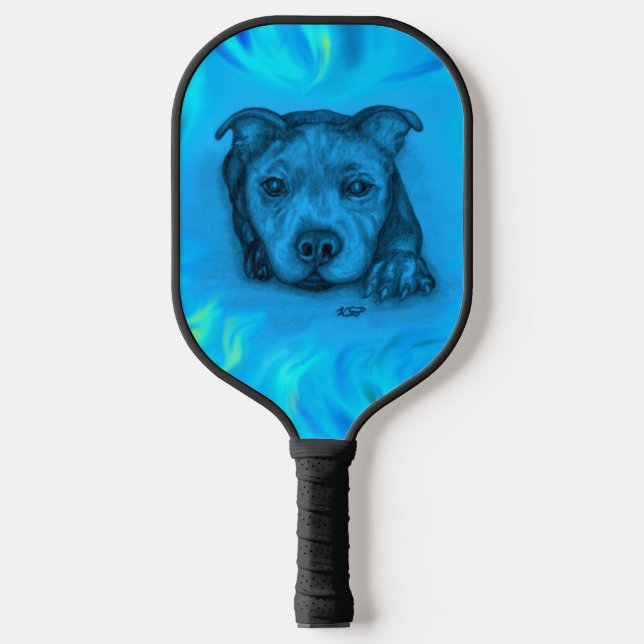 Blue Staffy Puppy Pickleball Paddle (Front)