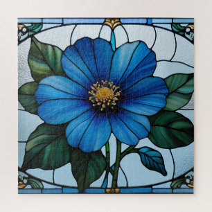 🔷 Blue Stained Glass Floral Design Jigsaw Puzzle