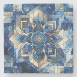 Blue Stained Glass Flower Geometric Watercolor Stone Coaster