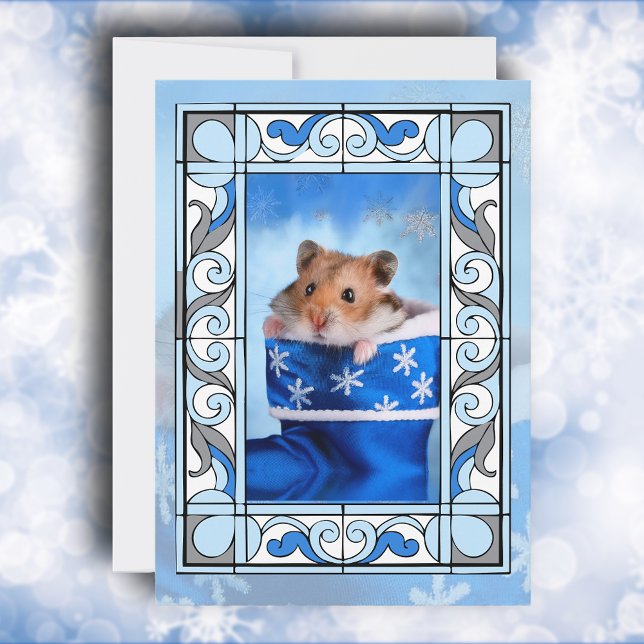 Blue Stained Glass Hamster Christmas Holiday Card (Creator Uploaded)