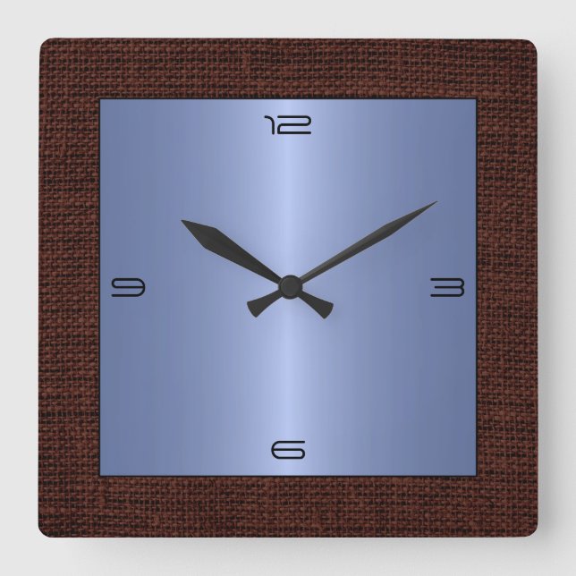 Blue Stainless Steel Modern Burlap Border Square Wall Clock (Front)