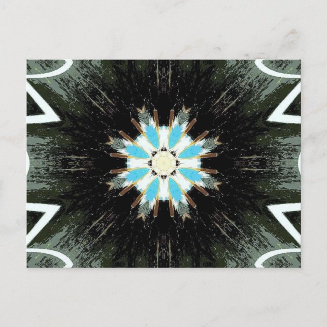 blue star-burst on black postcard (Front)