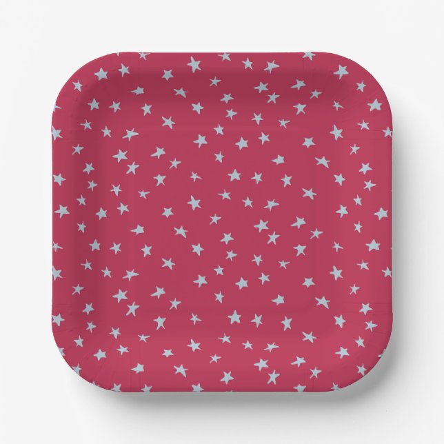 Blue Star Doodles Scattered on Red Paper Plate (Front)