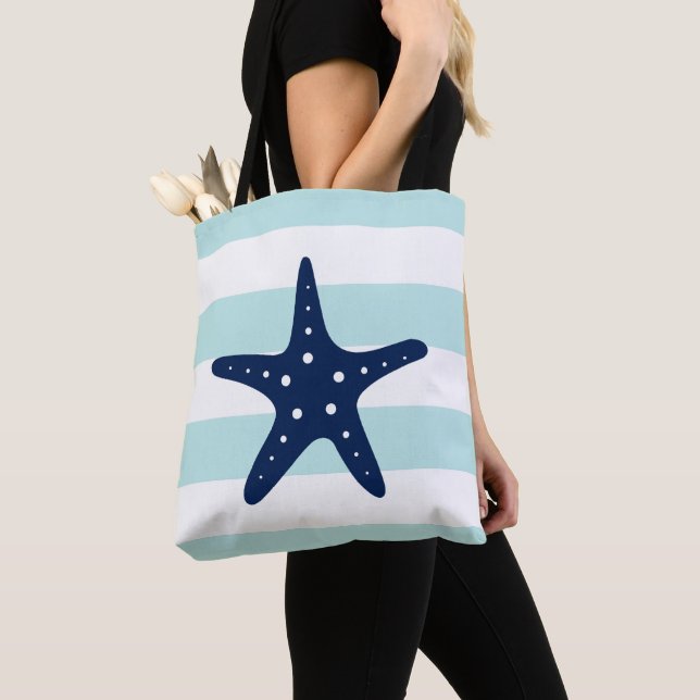 Blue Star Fish on Mint Stripes Tote Bag (Close Up)