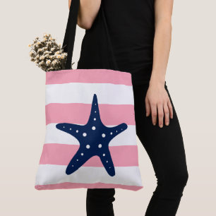 Blue Star Fish on Pink Stripes Tote Bag