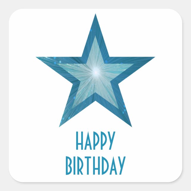 Blue Star 'Happy Birthday' square sticker white (Front)