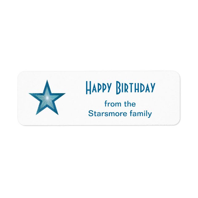 Blue Star Happy Birthday text label small white (Front)