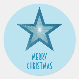 Blue Star 'Merry Christmas'' round pale blue Classic Round Sticker