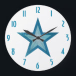 Blue Star 'numbers' clock round white<br><div class="desc">Modern design with a "shining" blue and white star on a white background. Wall clock with a customisable design for you to personalise with your own text, images and ideas. Please note that this is a printed image created using original photographs and digital techniques, it does not shine or contain...</div>