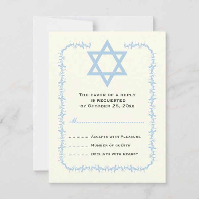 Blue Star of David damask Bat Mitzvah reply card (Front)