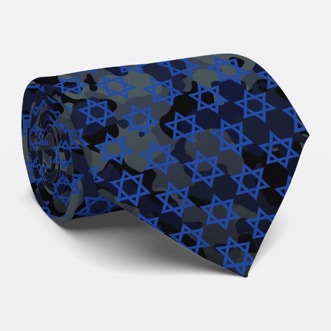 Blue Star Of David Dark Camo Camouflage Tie (Rolled)
