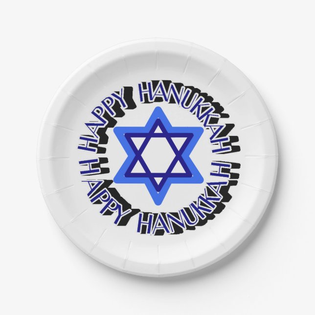 Blue Star of David Happy Hanukkah Chanukkah Jewish Paper Plate (Front)