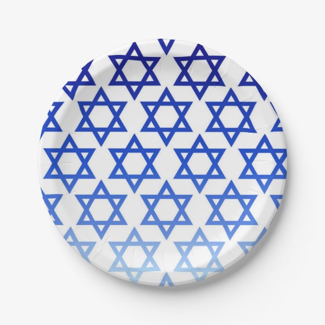 Blue Star of David Happy Hanukkah Jewish Holiday Paper Plate (Front)