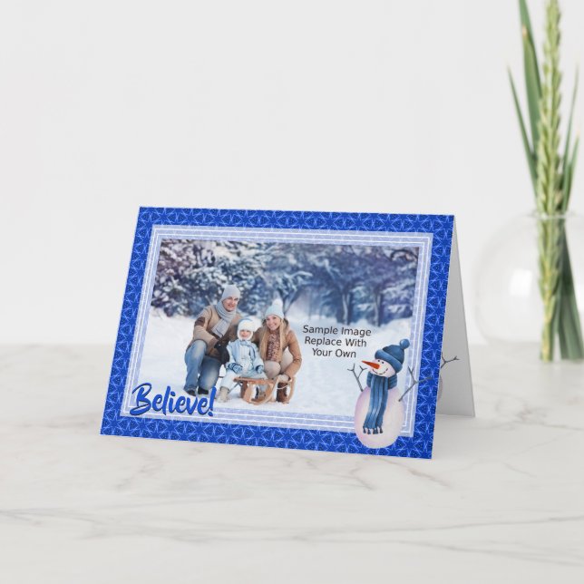 Blue Star Pattern And Snowman Christmas Holiday Card (Front)