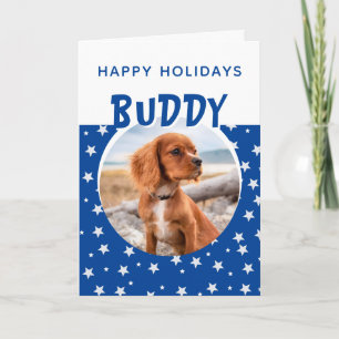 Blue Star Pattern Puppy Dog Pet Photo Holiday Card