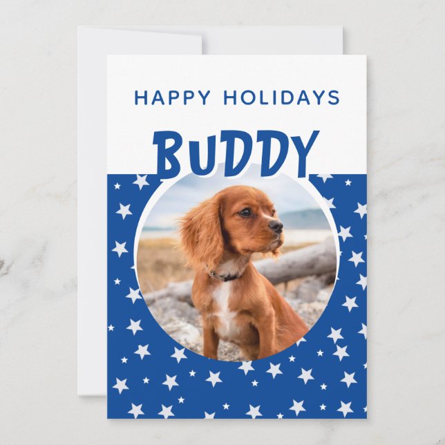 Blue Star Pattern Puppy Dog Photo Holiday Card (Front)