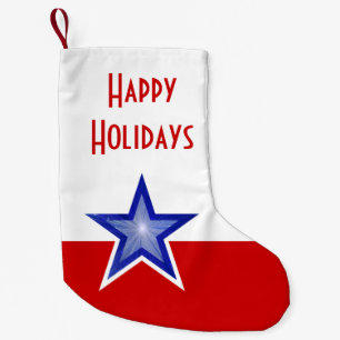 Blue Star Red print Happy Holidays two sided Small Christmas Stocking