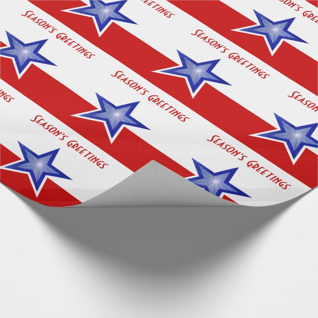 Blue Star Red Season's Greetings stripe Wrapping Paper (Corner)