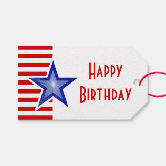 Blue Star Red Stripe print Happy Birthday Gift Tags
