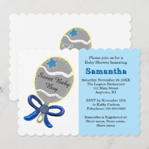 Blue Star Silver Rattle Baby Shower  Invitation