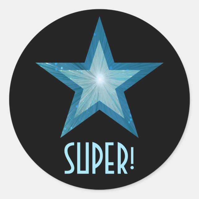Blue Star 'SUPER!' round sticker black (Front)