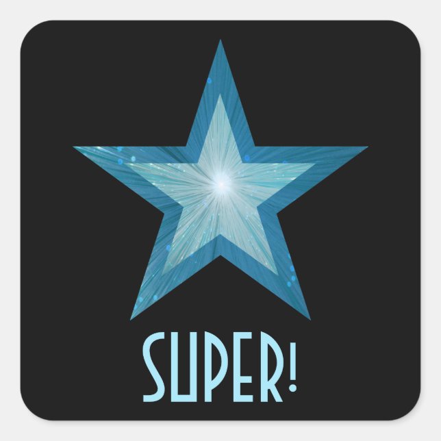 Blue Star 'SUPER!' square sticker black (Front)