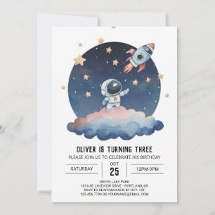  Blue Star Watercolor Astronaut Boy Birthday Invitation