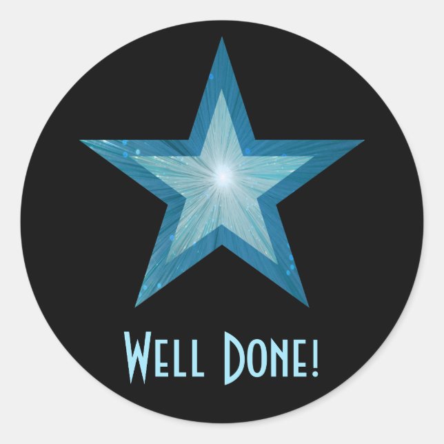 Blue Star 'Well Done!' round sticker black (Front)