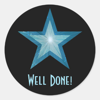 Blue Star 'Well Done!' round sticker black