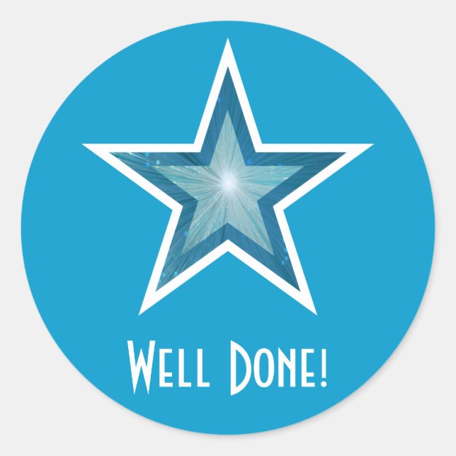 Blue Star 'Well Done!' round sticker blue (Front)