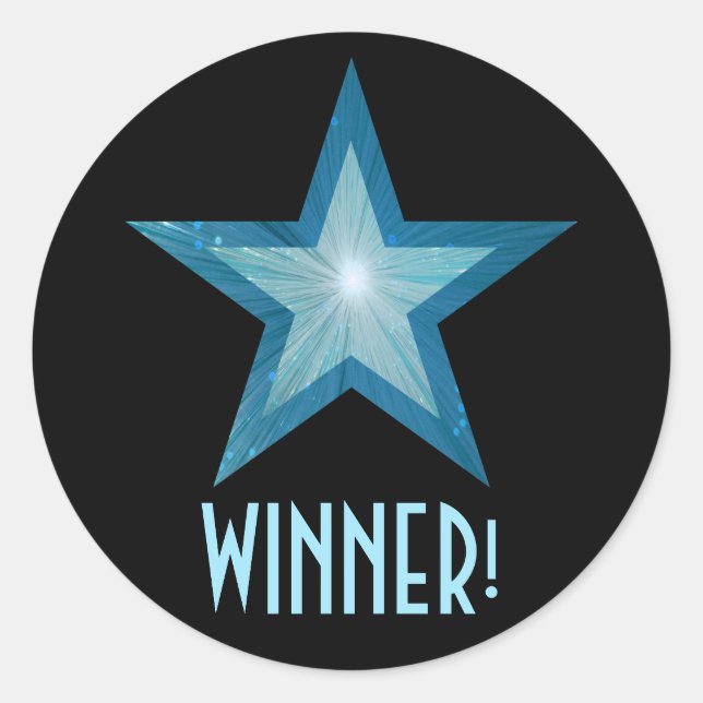 Blue Star 'WINNER!' round sticker black (Front)