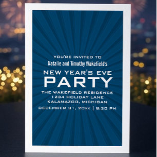 Blue Starburst Stripes New Year's Party Invite