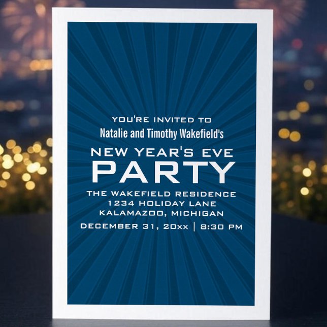 Blue Starburst Stripes New Year's Party Invite (Blue Starburst Stripes New Years Party Invite)