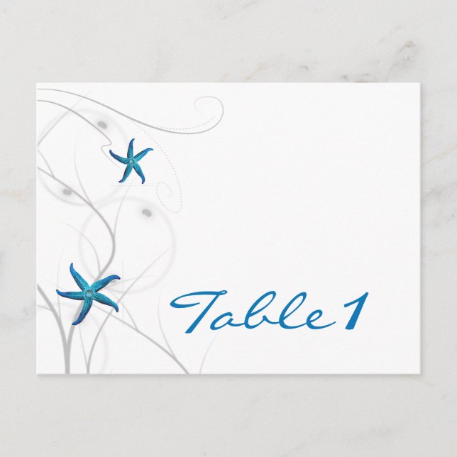 Blue Starfish and Silver Coral Table Number Postcard (Front)