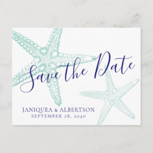 Blue Starfish Beach Wedding Save the Date Postcard