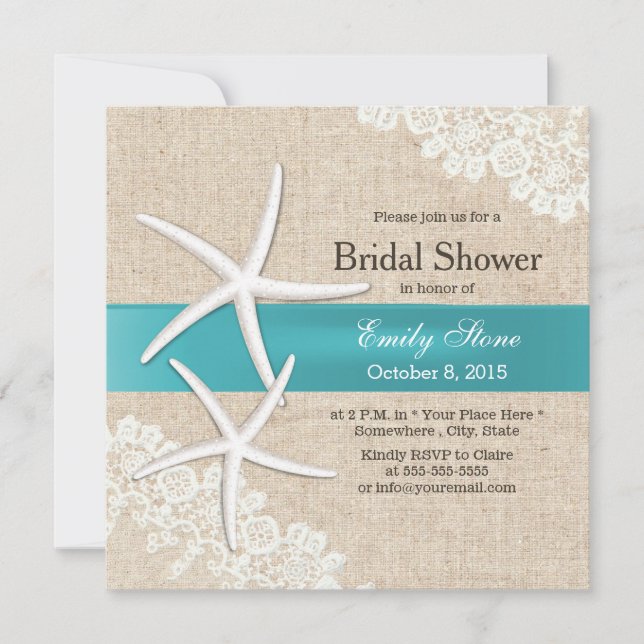 Blue Starfish Lace & Burlap Bridal Shower Invitation (Front)