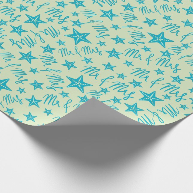 Blue Starfish Mr & Mrs Summer Beach Wedding Ocean Wrapping Paper (Corner)