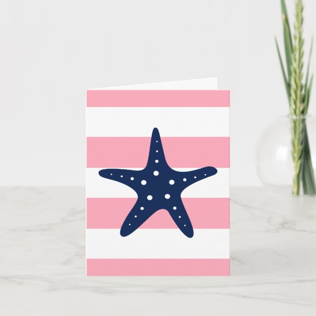 Blue Starfish on Pink Stripes Thank You Card (Front)
