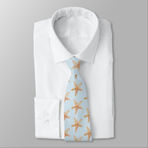 Blue Starfish Painting Coastal Beach Pattern Tie