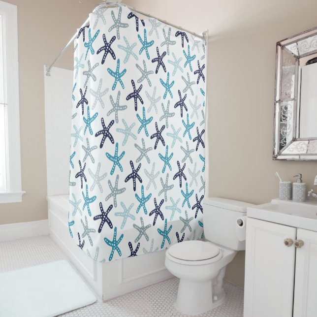 Blue Starfish Pattern Shower Curtain (In Situ)