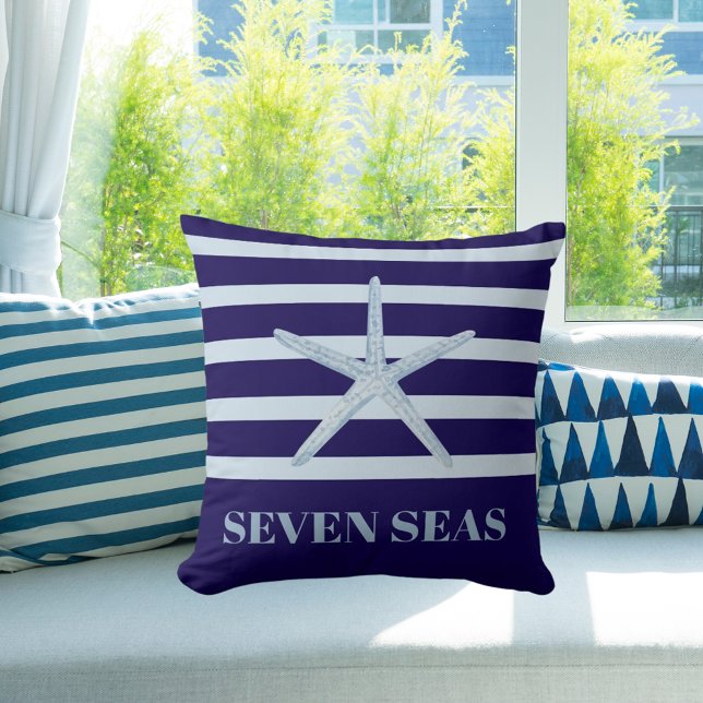 Blue starfish stripes text coastal cushion (Creator Uploaded)