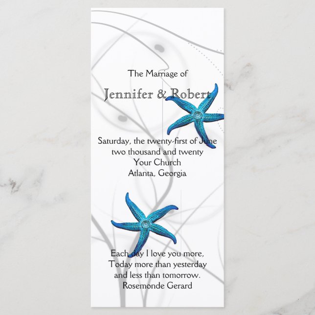 Blue Starfish with Silver Coral Wedding Program Programme (Front)