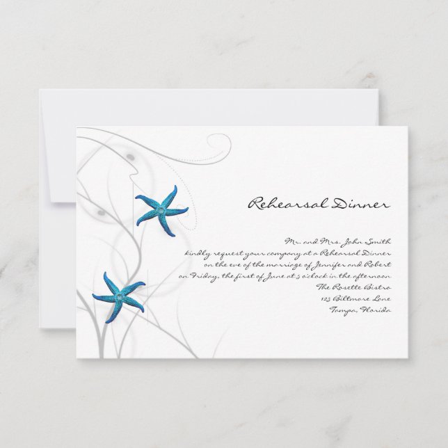 Blue Starfish with Silver Coral Wedding Rehearsal Invitation (Front)