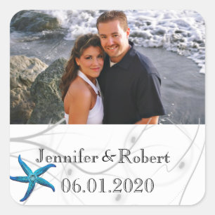 Blue Starfish with Silver Coral wedding Square Sticker