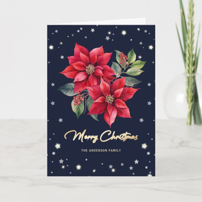 Blue Starry Floral Photo Merry Christmas Card (Front)