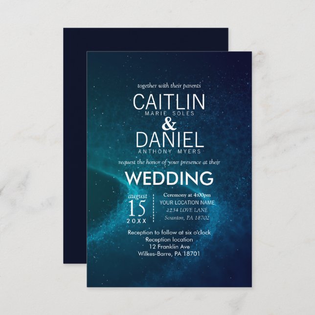Blue Starry Night Formal Wedding Invitation (Front/Back)