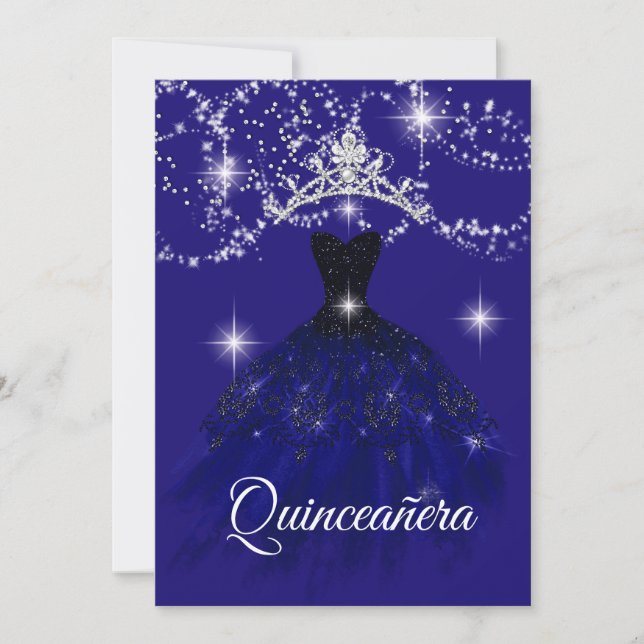 Blue starry night Sparkle Tiara Stars Quinceanera Invitation (Front)