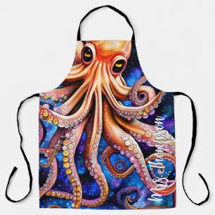 Blue Starry Night Whimsical Octopus   Custom Name Apron